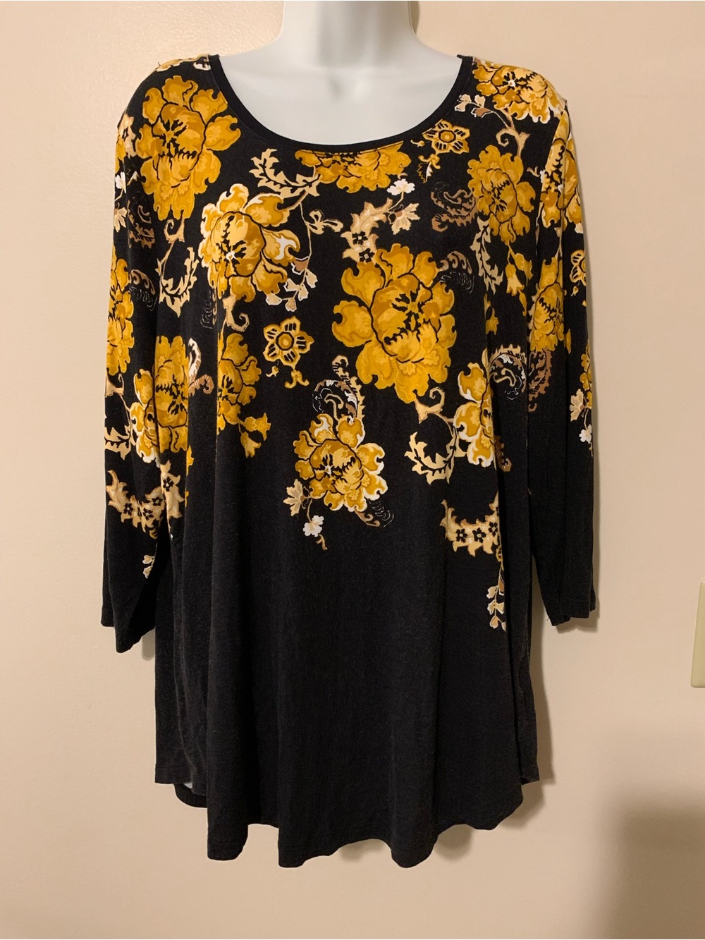 JM Collection Black Tunic with Mustard Floral Print